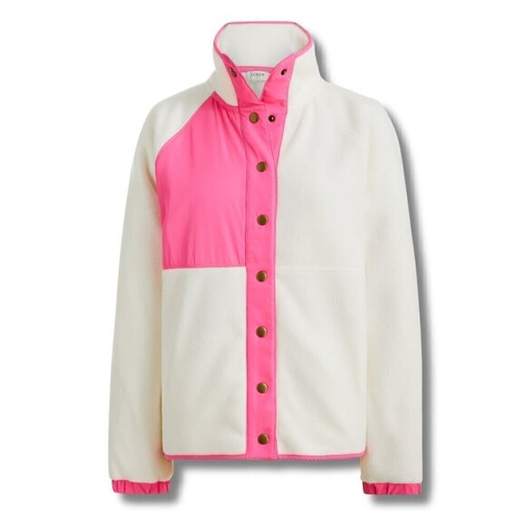 J Crew Sherpa Jacket, Ivory White & Neon Pink M - Fleece, Snap Button Up, Winter - Picture 1 of 11